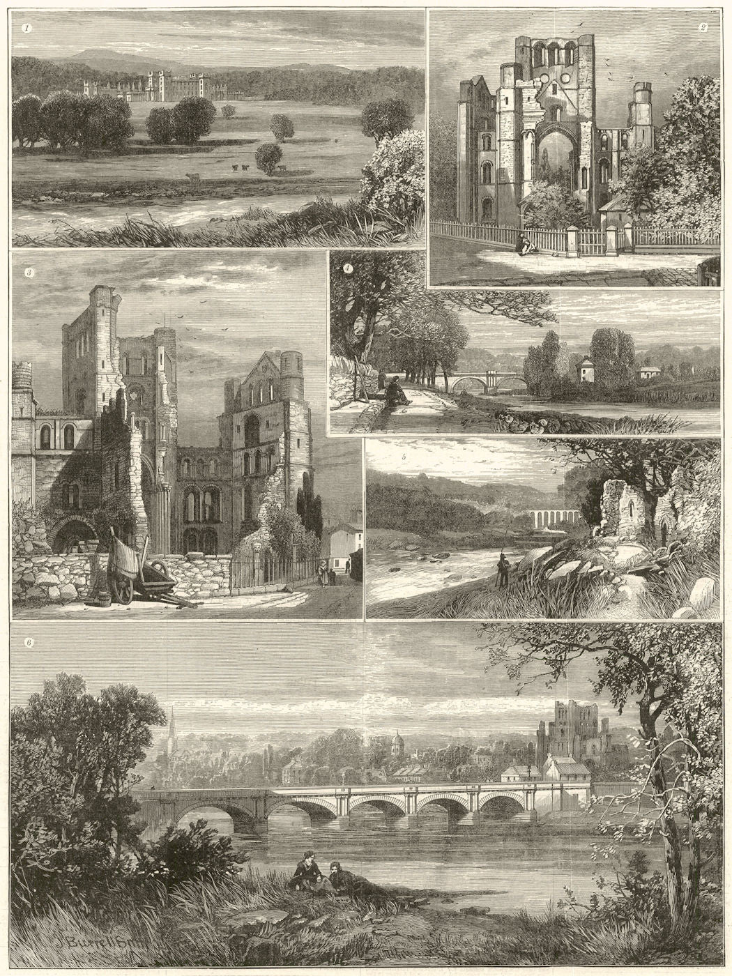 Scottish Borders. Kelso Abbey Fleurs Castle Teviot Bridge Roxburgh Castle 1887